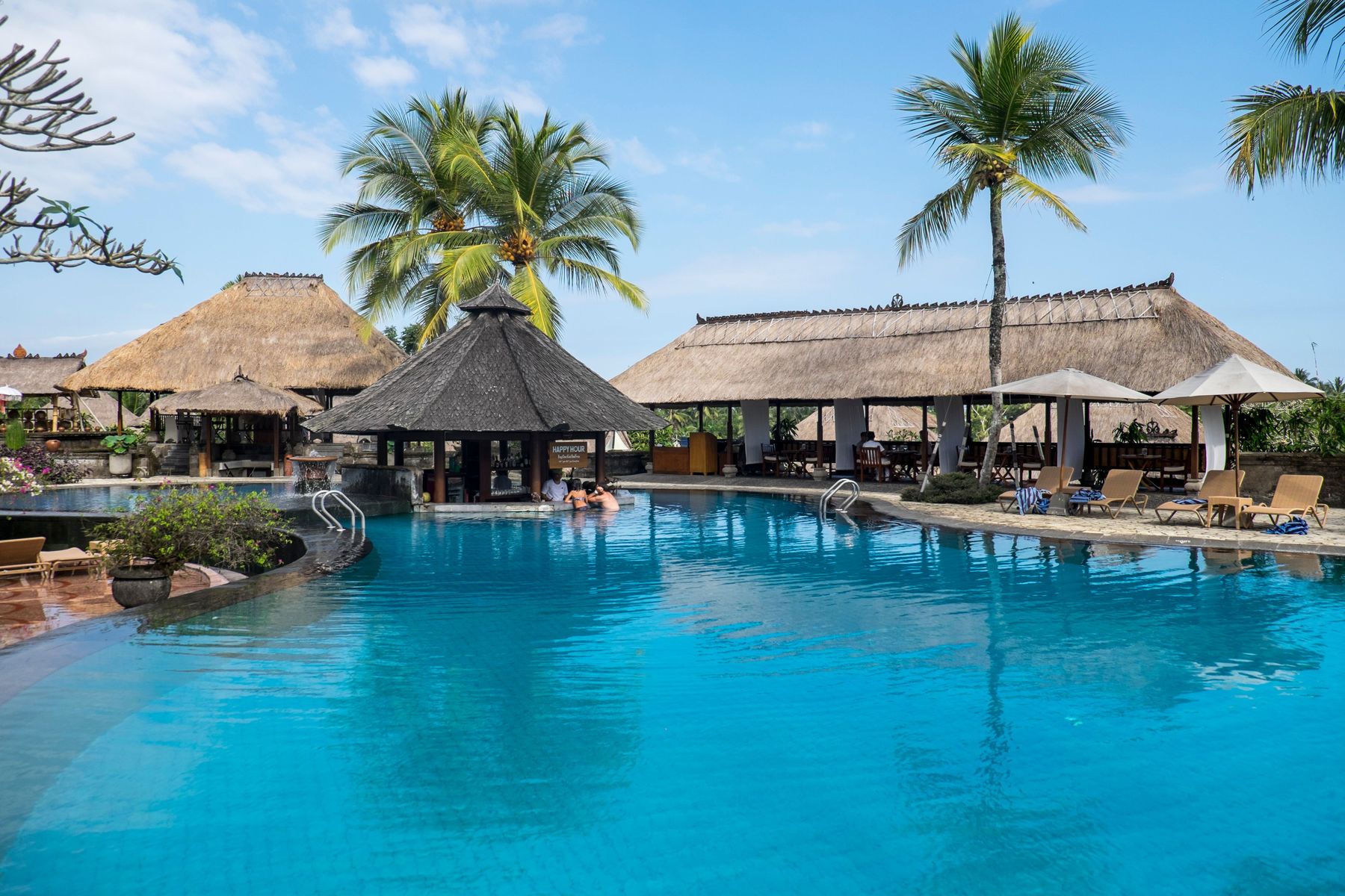 Resort pool with thatched cabanas and palms at dusk